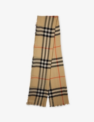 BURBERRY WOMENS CHECK-PRINT LIGHTWEIGHT WOOL AND SILK SCARF SAND