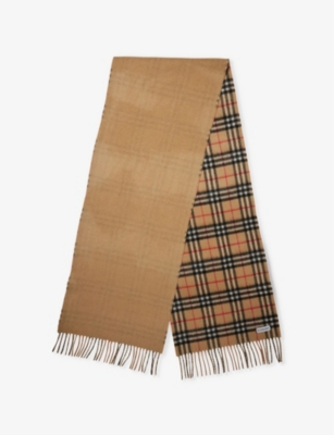 BURBERRY WOMENS VINTAGE-CHECK REVERSIBLE CASHMERE SCARF ARC BEIGE/ ARC BEIGE