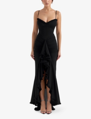Shop House Of Cb Womens  Gabbi Ruffle-trim Stretch-woven Maxi Dress In Black