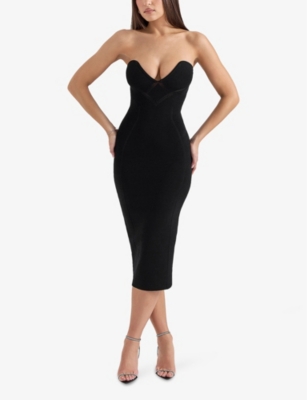 HOUSE OF CB: Magdalena Sweetheart-Neck Embroidered Stretch-Knit Midi Dress
