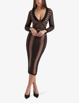 HOUSE OF CB: Loula Plunge-Neck Long-Sleeve Stretch-Knit Midi Dress