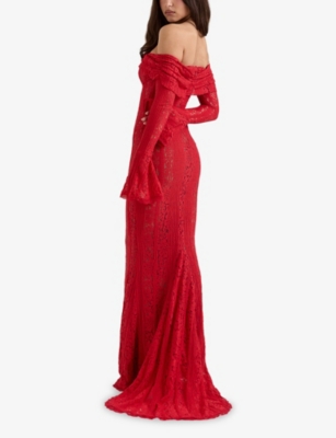HOUSE OF CB OF CB WOMENS RED BELLE OFF-SHOULDER LACE MAXI DRESS 