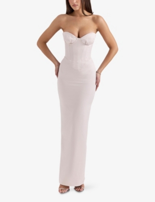 HOUSE OF CB: Valeria Corset Strapless Satin Midi Dress