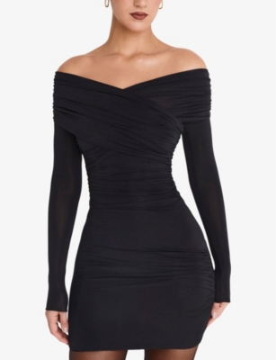Mistress Rocks Womens Black Off-shoulder Gathered Stretch-jersey Mini Dress In Black