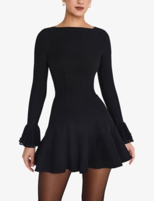 Mistress Rocks Womens Black Boned Flared-skirt Stretch-twill Mini Dress In Black