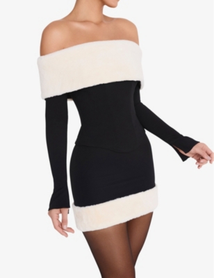 Shop Mistress Rocks Womens  Faux Fur-hem Stretch-crepe Mini Skirt In Black