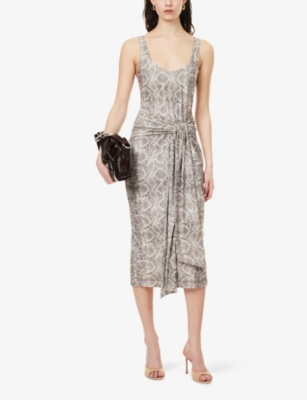 GOOD AMERICAN WOMENS SSP PRINT001 SNAKE-PRINT RUCHED JERSEY MIDI DRESS 