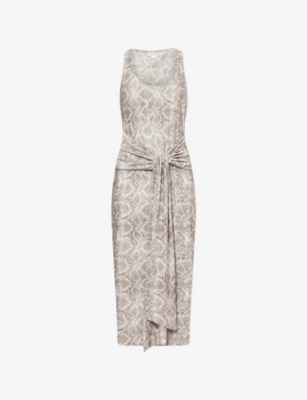 GOOD AMERICAN WOMENS SSP PRINT001 SNAKE-PRINT RUCHED JERSEY MIDI DRESS 