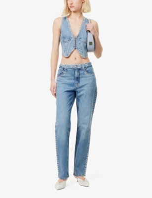 GOOD AMERICAN: Good Icon Stud-Embellishment Straight-Leg High-Rise Stretch-Denim Blend Jeans