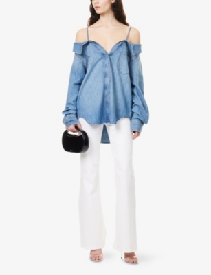 GOOD AMERICAN WOMENS INDIGOI772 ASYMMETRIC OFF-SHOULDER DENIM TOP 