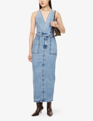 GOOD AMERICAN WOMENS INDIGO780 FIT FOR SUCCESS V-NECK STRETCH-DENIM BLEND MAXI DRESS XS 
