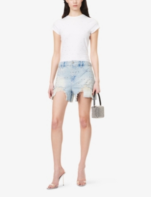 GOOD AMERICAN WOMENS INDIGO897 BOMBSHELL RHINESTONE DENIM SHORTS 