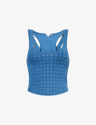 GOOD AMERICAN WOMENS INDIGO900 RACERBACK CRYSTAL-EMBELLISHED STRETCH-COTTON TOP 