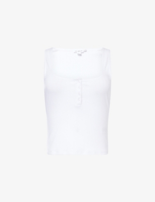 GOOD AMERICAN WOMENS GOOD AMERICAN POINTELLE HENLEY SCOOP-NECK STRETCH-WOVEN BLEND TOP 