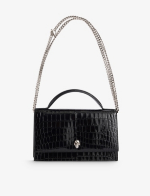 MCQUEEN: Skull Croc-Embossed The Medium Leather Crossbody Bag