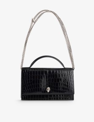 ALEXANDER MCQUEEN WOMENS BLACK SKULL CROC-EMBOSSED THE MEDIUM LEATHER CROSSBODY BAG