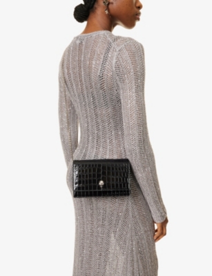 MCQUEEN: Skull Croc-Embossed Leather Crossbody Bag