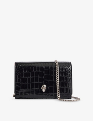 MCQUEEN: Skull Croc-Embossed Leather Crossbody Bag