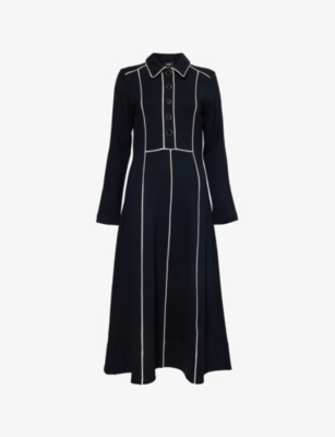 ME AND EM WOMENS NAVY/CREAM TRAVEL TAILORING SPREAD-COLLAR STRETCH-WOVEN BLEND MIDI DRESS