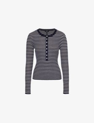 ME AND EM WOMENS NAVY/CREAM STRIPED LONG-SLEEVES WOOL AND CASHMERE-BLEND JUMPER