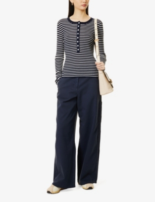 ME AND EM WOMENS NAVY TWILL PATCH-POCKETS WIDE-LEG MID-RISE COTTON-TROUSERS