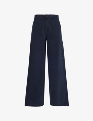 ME AND EM WOMENS NAVY TWILL PATCH-POCKETS WIDE-LEG MID-RISE COTTON-TROUSERS