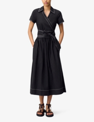 CLAUDIE PIERLOT: Belted Contrast-Stitch Woven Maxi Dress