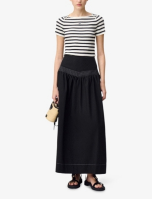 Shop Claudie Pierlot Womens Noir / Gris Contrast-stitch Gathered-pleat Peplum Cotton-blend Maxi Skirt