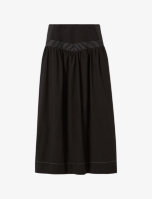 Shop Claudie Pierlot Womens Noir / Gris Contrast-stitch Gathered-pleat Peplum Cotton-blend Maxi Skirt