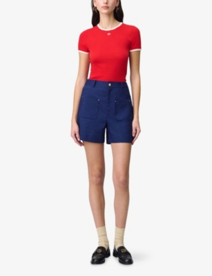 Claudie Pierlot Womens Bleus Button-embellished Patch-pocket Stretch Linen-blend Shorts In Bleus