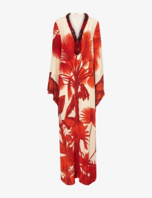 Johanna Ortiz Womens  Southern Tropics V-neckline Silk Maxi Dress