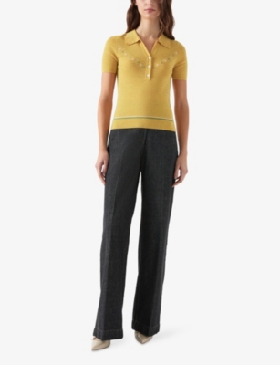 Lk Bennett Womens Fiona Floral-embroidered Cotton And Wool-blend Top Mul-yellow Xs In Mul-yellow