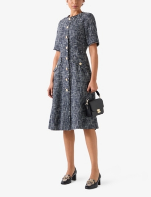 Lk Bennett Womens Mul-indigo Suzie Button-through Cotton-blend Tweed Midi Dress In Mul-indigo