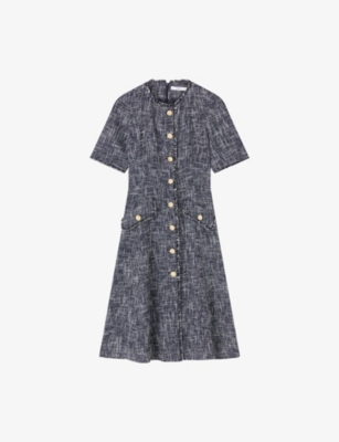 Lk Bennett Womens Mul-indigo Suzie Button-through Cotton-blend Tweed Midi Dress In Mul-indigo