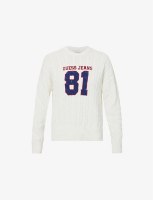 GUESS WOMENS WARM WHITE LOGO-EMBROIDERED CABLE-KNIT COTTON JUMPER