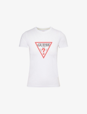 GUESS WOMENS PURE WHITE ICONIC LOGO-PRINT SLIM-FIT T-SHIRT