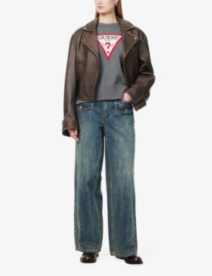 GUESS WOMENS GUESS TRIANGLE-LOGO ROUND-NECK COTTON JUMPER