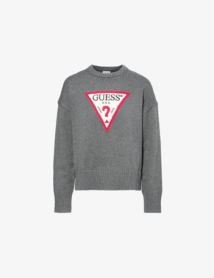 GUESS WOMENS GUESS TRIANGLE-LOGO ROUND-NECK COTTON JUMPER