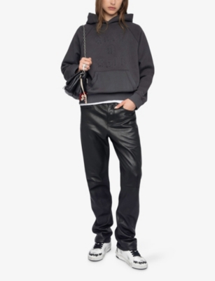 Zadig & Voltaire Womens Carbone Georgy Rhinestone-text Cotton-jersey Hooded Sweatshirt In Black