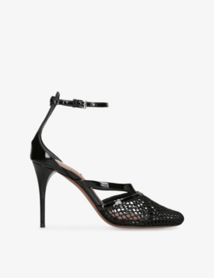 AZZEDINE ALAIA: Infradito Fishnet 90 Patent-Leather Heeled Sandals
