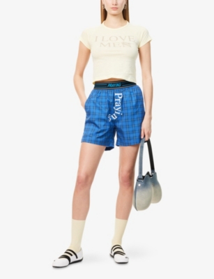 Praying Womens Blue Checked Logo-branded Cotton Boxer Shorts Xs In Blue