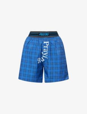 Praying Womens Blue Checked Logo-branded Cotton Boxer Shorts Xs In Blue