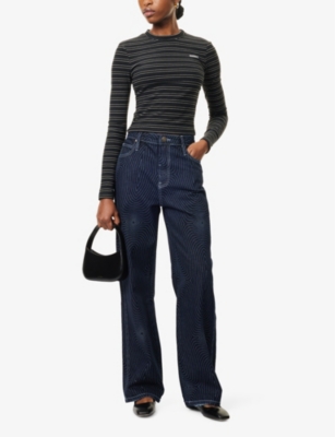 Sisters & Seekers Womens Wilbur Striped Stretch-woven Top Black Grey In Black Grey