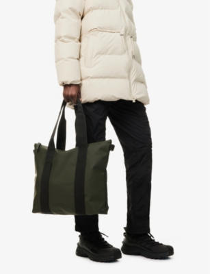 RAINS MENS GREEN BRAND-PRINT MINI COATED-SHELL TOTE BAG 