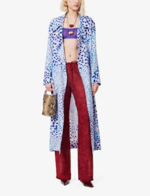 Abstract-Print Belted Regular-Fit Woven Coat