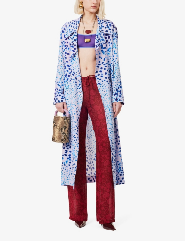 Abstract-Print Belted Regular-Fit Woven Coat