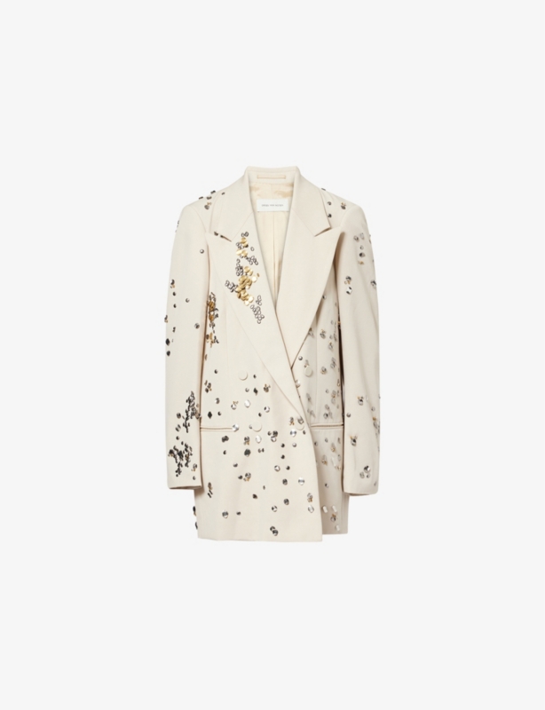 Embellished Peak-Lapels Relaxed-Fit Wool Blazer