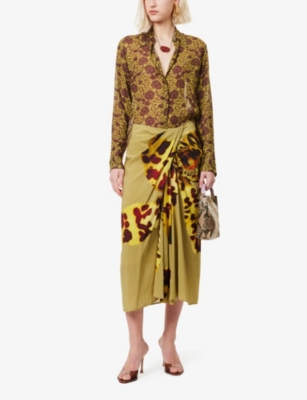 DRIES VAN NOTEN WOMENS OCRA ABSTRACT-PRINT DRAPED WOVEN MIDI SKIRT 