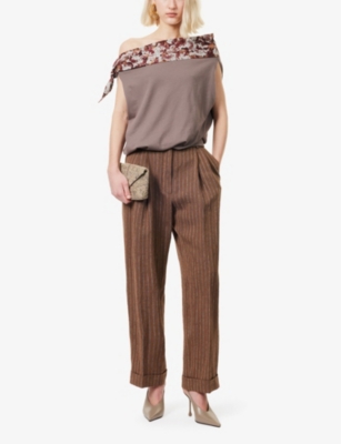 Shop Dries Van Noten Womens Camel Striped Pleated Wide-leg High-rise Linen-blend Trousers
