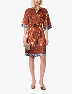 DRIES VAN NOTEN WOMENS RUST ABSTRACT-PRINT BELTED SILK MIDI DRESS 